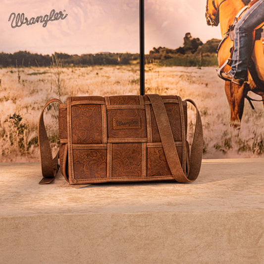 Wrangler Woven Tooled Grid Panel Flap Crossbody Bag
