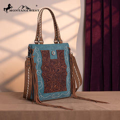 Montana West Genuine Leather Tooled Tote Bag