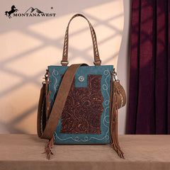 Montana West Genuine Leather Tooled Tote Bag