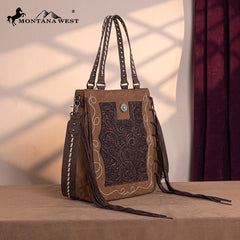 Montana West Genuine Leather Tooled Tote Bag