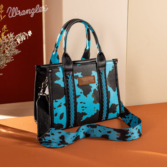 WG133-8120S Wrangler Cow Print Concealed Carry Tote/Crossbody - Turquoise