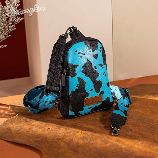 WG133-210 Wrangler Cow Print Crossbody Sling Chest Bag - TURQUOIES