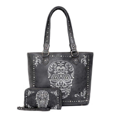 Concealed Carry Sugar Skull Embroidered Tote Purse and Wallet Set