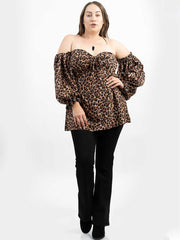 Plus Size Women Leopard Print With Knot Off-Shoulder Sleeve Top