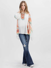 Women's Hand Stitched Studded Drop-shoulder Relaxed ¾ Sleeves Tee