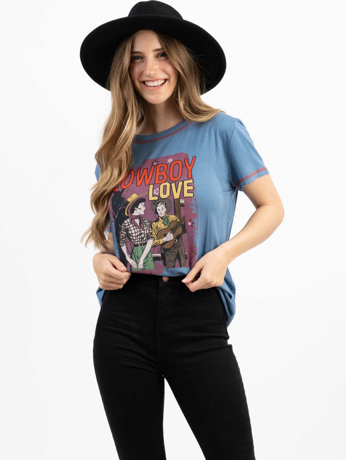 Women's Mineral Wash Contrast Stitched CowBoy Love Graphic Short Sleeve Tee
