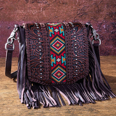 Montana West Genuine Leather Tooled Collection Fringe Crossbody