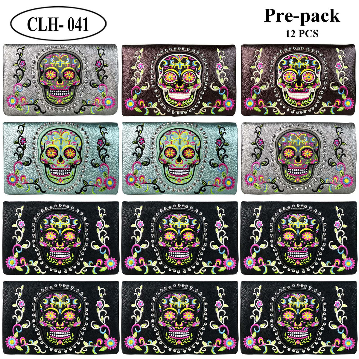 American Bling Sugar Skull Clutch Pre-Pack Assorted Color (12PCS)