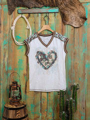 Women's Mineral Wash Contrast Stitched Studded Heart Graphic Short Sleeve Tee