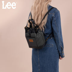 LEE Striped Denim Canvas Drawstring Bucket Bag Convertible Backpack