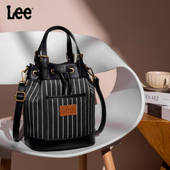LEE Striped Denim Canvas Drawstring Bucket Bag Convertible Backpack