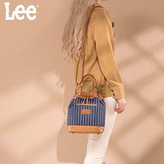 LEE Striped Denim Canvas Drawstring Bucket Bag Convertible Backpack