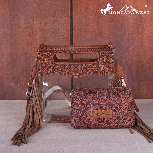 Montana West Top Handle Clear Fringe Crossbody Set