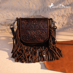 Montana West Genuine Leather Tooled Fringe Crossbody