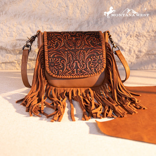 Montana West Genuine Leather Tooled Fringe Crossbody