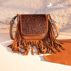 Montana West Genuine Leather Tooled Fringe Crossbody