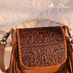 Montana West Genuine Leather Tooled Fringe Crossbody