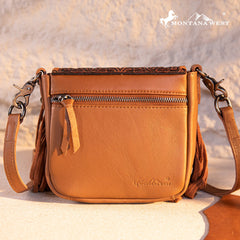 Montana West Genuine Leather Tooled Fringe Crossbody