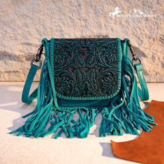 Montana West Genuine Leather Tooled Fringe Crossbody