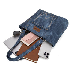 Wrangler "W" Stitch Water Repellent Denim Pocket Zippered Tote Bag