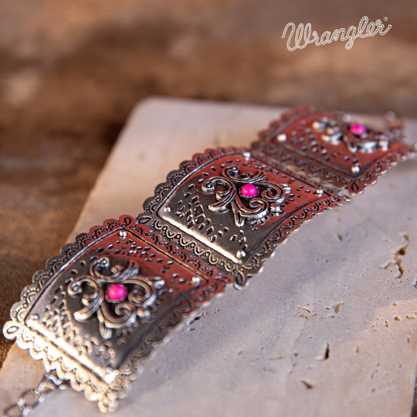 Wrangler  Silver Chain Concho Cuff Bracelet Turquoise Stone - Cowgirl Wear