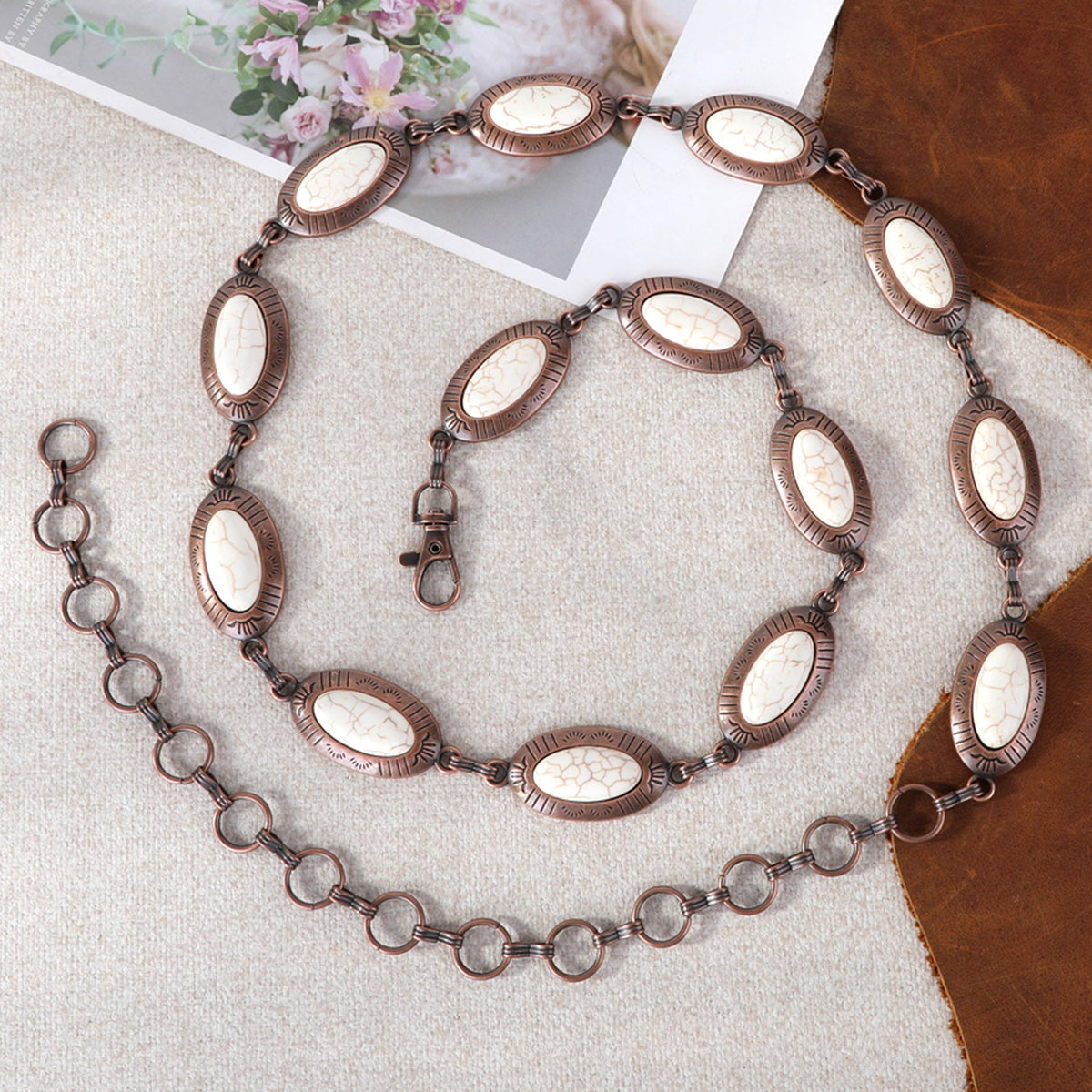 Rustic Couture Copper Concho Link Chain Belt with White Turquoise Stone