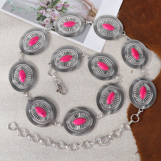 Rustic Couture Etched Silver  Oval Stone Centered Concho Link Chain Belt