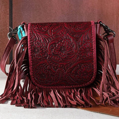 Montana West Genuine Leather Tooled Collection Fringe Crossbody