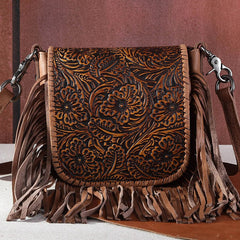 Montana West Genuine Leather Tooled Collection Fringe Crossbody