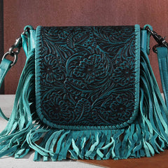 Montana West Genuine Leather Tooled Collection Fringe Crossbody
