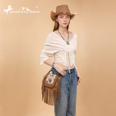 Montana West Genuine Leather Tooled Collection Fringe Crossbody