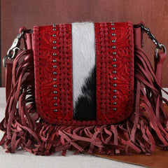 Montana West Genuine Leather Tooled Collection Fringe Crossbody