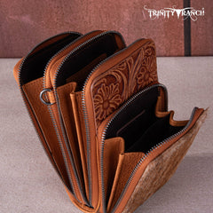 Trinity Ranch Genuine Hair-On Cowhide /Tooled Collection Phone Purse with Coin Pouch