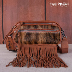 TR165-197 Trinity Ranch Genuine Hair-On Cowhide Triple Zippered Pocket Fringe Belt Bag
