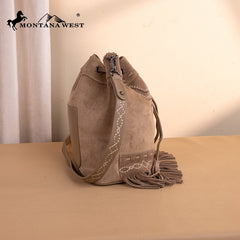 Montana West Boot Stitch Fringe Drawstring Crossbody Bag