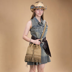 Montana West Boot Stitch Fringe Drawstring Crossbody Bag