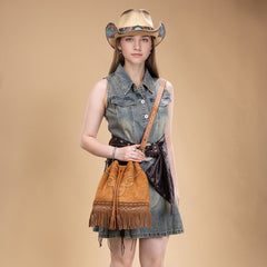 Montana West Boot Stitch Fringe Drawstring Crossbody Bag