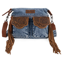 WG103-2009S Wrangler Fringe Floral Tooled Denim Crossbody - Jean