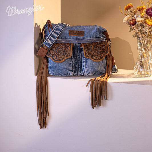 WG103-2009S Wrangler Fringe Floral Tooled Denim Crossbody - Jean