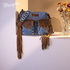 WG103-2009S Wrangler Fringe Floral Tooled Denim Crossbody - Jean