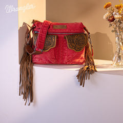 WG103-2009S Wrangler Fringe Floral Tooled Denim Crossbody - Red