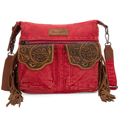 WG103-2009S Wrangler Fringe Floral Tooled Denim Crossbody - Red