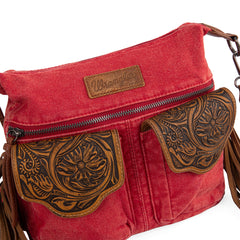 WG103-2009S Wrangler Fringe Floral Tooled Denim Crossbody - Red