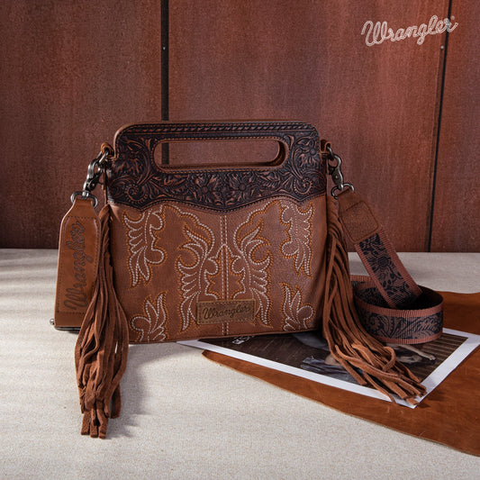 WG110-2022 Wrangler Top Handle Embroidered Fringe Mini Tote/Crossbody - Brown
