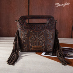 WG110-2022  Wrangler Top Handle Embroidered Fringe Mini Tote/Crossbody -Coffee