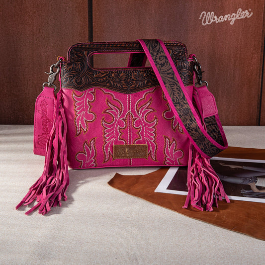 WG110-2022  Wrangler Top Handle Embroidered Fringe Mini Tote/Crossbody -Hot Pink