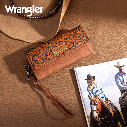 Wrangler Western Floral Tooled Tri-fold RFID Wallet/Wristlet