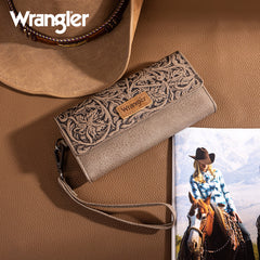 Wrangler Western Floral Tooled Tri-fold RFID Wallet/Wristlet