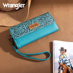 Wrangler Western Floral Tooled Tri-fold RFID Wallet/Wristlet