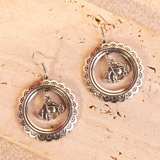 Wrangler Etched Circle Alloy Horse Head Dangling Earrings